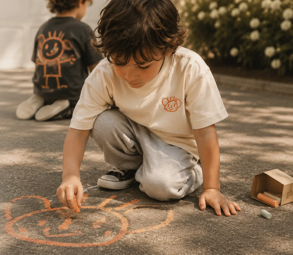 Boy drawing with chalk in the bone tee, another kid in the hoodie behind him