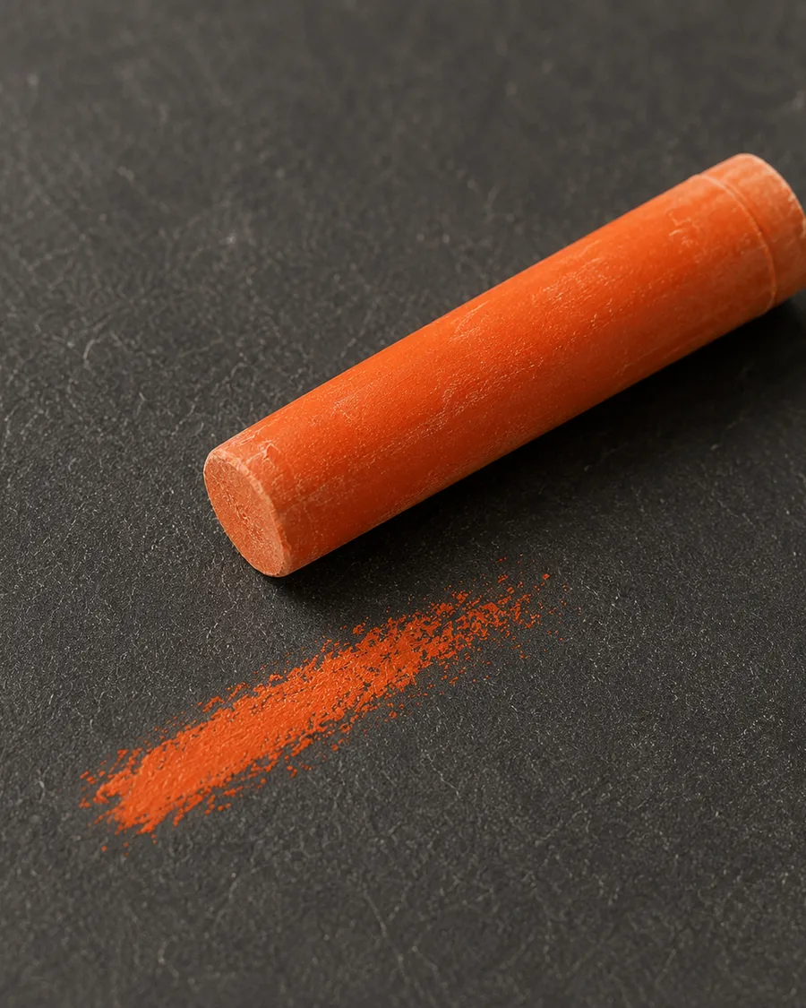 A piece of orange sidewalk chalk on the grey mailer, with a fresh chalk stroke beside it