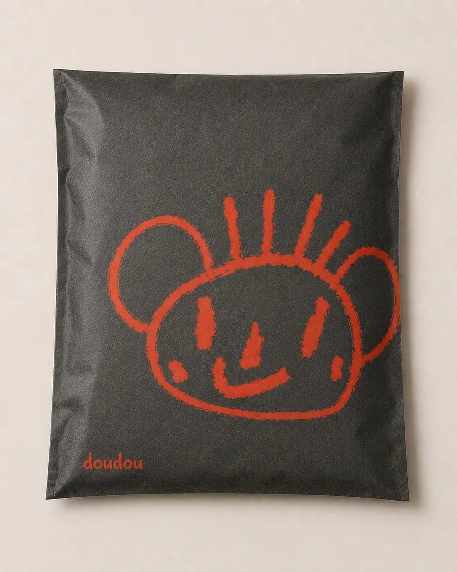 Asphalt-grey paper mailer with the chalk drawing printed large in orange